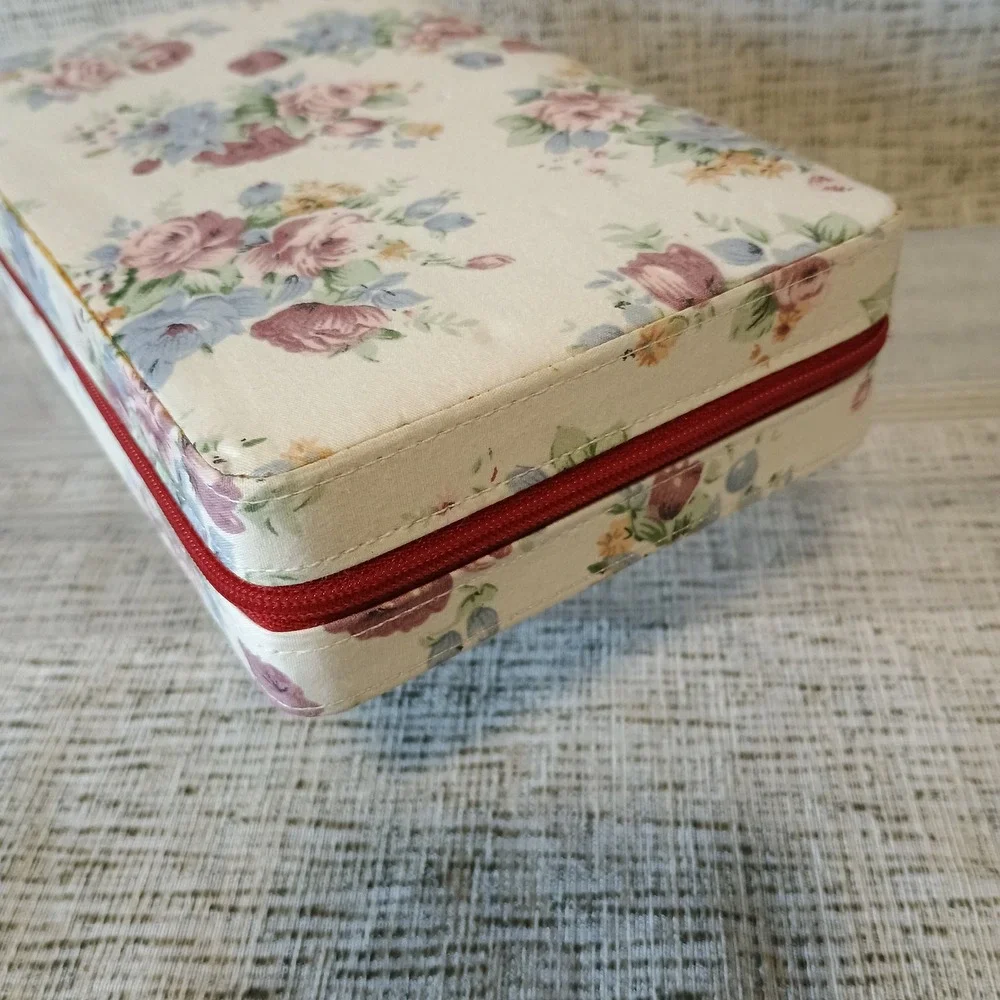 Vtg Floral Jewelry Travel Case Zippered Rose Print Organizer Cottagecore 1990's